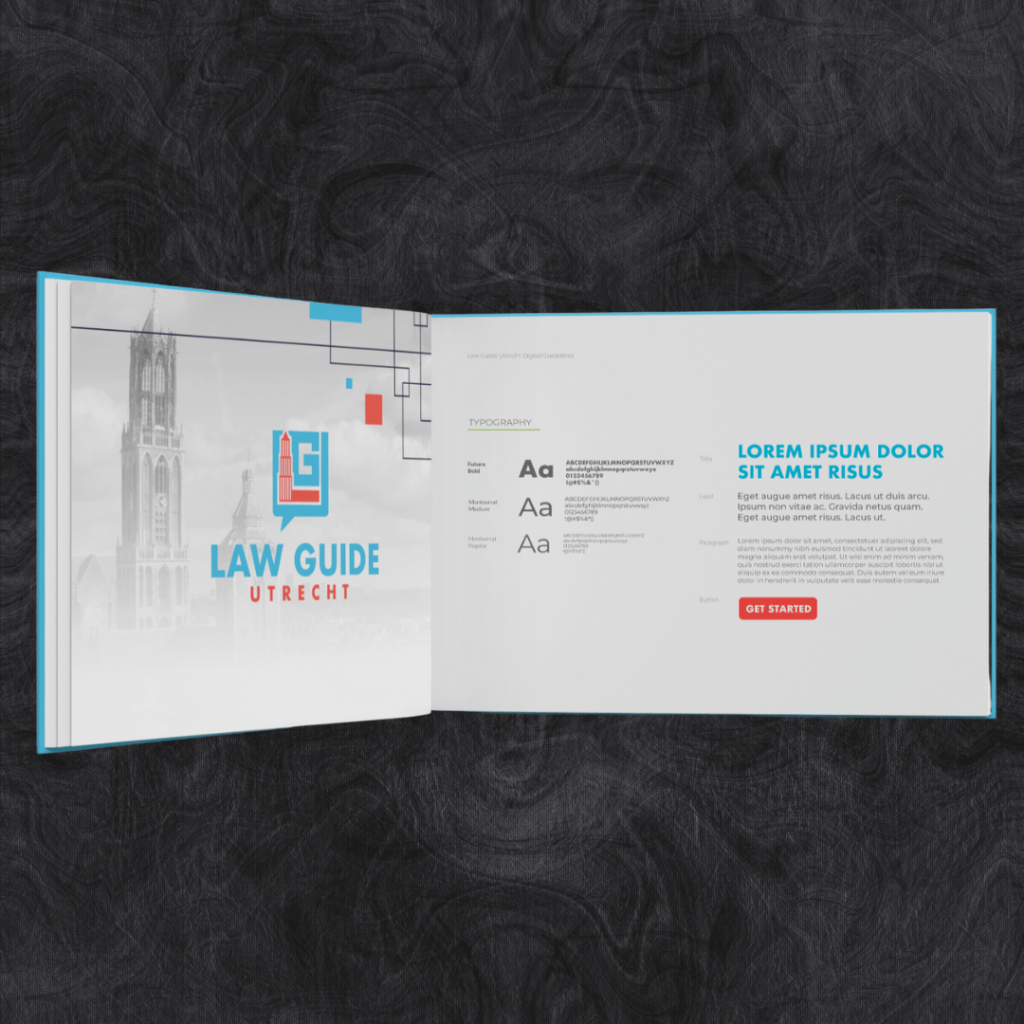Open brandbook LGU met logo, typografie en lijnpatroon als visuele guidelines